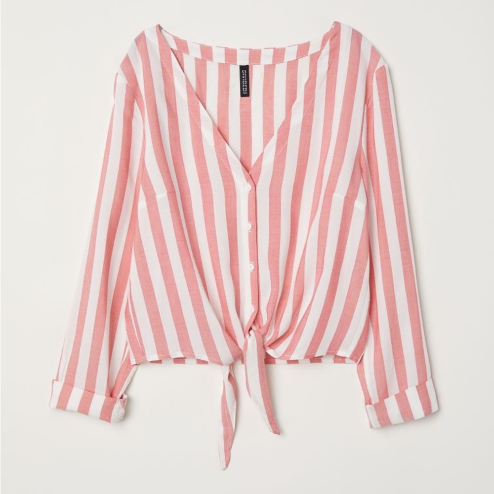 🔮3/$24 SALE🔮 H&M Divided Striped V-Neck Tie Front Crop Top Blouse Size 14